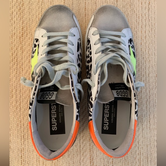 Golden Goose Superstar sneakers. B&W print w neon yellow & orange accents. EUC. - Picture 3 of 9